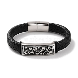 Men's Braided Black PU Leather Cord Bracelets, Rectangle with SkullS 304 Stainless Steel Link Bracelets with Magnetic Clasps, Antique Silver, 8-3/4 inch(22.3cm)(BJEW-K243-27AS)