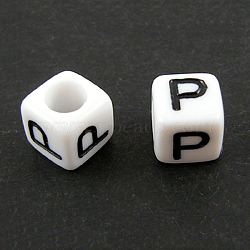 Letter Acrylic European Beads, Horizontal Hole, Cube, Letter.P, 10x10x10mm, Hole: 3.5~4mm, about 598pcs/500g(OPDL-R050-10mm-P)