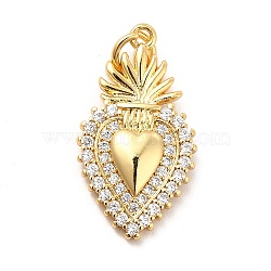 Rack Plating Brass Micro Pave Cubic Zirconia Pendants, Sacred Heart Charm, Mexican Milagro Flaming Holy Heart Charm, Long-Lasting Plated, with Jump Rings, Cadmium Free & Lead Free, Real 18K Gold Plated, 22.5x12.5x2.5mm, Hole: 3mm(KK-K270-22G)