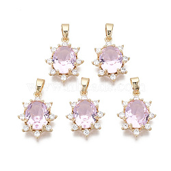 Brass Micro Pave Cubic Zirconia Pendants, with Glass and Brass Snap on Bails, Nickel Free, Real 18k Gold Plated, Oval, Pearl Pink, 17x13x4.5mm, Hole: 2x4mm(KK-R134-094A-NF)