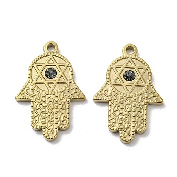 304 Stainless Steel Pendants, with Rhinestone, Hamsa Hand with Star of David Charms, Real 14K Gold Plated, 28.5x19x2mm, Hole: 2mm