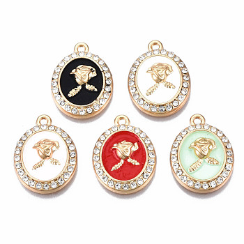 Rack Plating Alloy Enamel Pendants, with Crystal Rhinestone, Light Gold, Cadmium Free & Nickel Free & Lead Free, Oval with Flower, Mixed Color, 21x16x4mm, Hole: 1.6mm