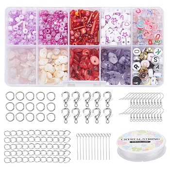 Natural Stone Chip Beads DIY Jewelry Set Making Kit, Including Natural Rose Quartz & Purple Jade & Acrylic & Glass Seed & Shell Beads, Iron Earring Hooks & Jump Rings & Pin & End Chain, Alloy Clasps, Elastic Thread, Purple, Beads: 107.5g/set