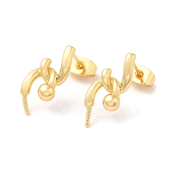 Brass Stud Earring Findings, with 925 Sterling Silver Pins, for Half Drilled Beads, Real 18K Gold Plated, 18x8mm, Pin: 12x0.8mm and 1mm(for Half Drilled Beads)