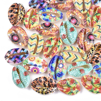 Printed Cowrie Shell Beads, No Hole/Undrilled, Colorful, 20~25x13~17x7~8mm