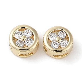 Brass Micro Pave Clear Cubic Zirconia Beads, Flat Round with Flower Pattern, Real 18K Gold Plated, 5.5x3.5mm, Hole: 2.5x0.9mm