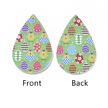 PU Leather Big Pendants, Easter Theme, teardrop, with Chick and Egg Pattern, Light Green, 55x35x2mm, Hole: 2mm