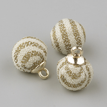 Handmade Cloth Fabric Covered Pendants, with Golden Tone Brass Findings, Round, Stripe Pattern, Cornsilk, 14.5x10mm, Hole: 2mm