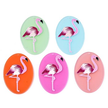 Translucent Cellulose Acetate(Resin) Pendants, 3D Printed, Oval with Flamingo Pattern, Mixed Color, 45x31x2.5mm, Hole: 1.5mm
