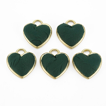 Light Gold Plated Alloy Pendants, with Cloth Fabric, Cadmium Free & Nickel Free & Lead Free, Heart, Dark Green, 20x19x6.5~7mm, Hole: 3x4mm