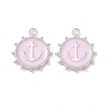 Eco-Friendly Stainless Steel Enamel Pendants, Platinum, Long-Lasting Plated, Flat Round with Anchor, Pink, 20x16.5x2.2mm, Hole: 1.9mm