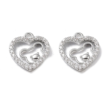 Rack Plating Brass Micro Pave Cubic Zirconia Pendants, Heart with Bear Charm, Real Platinum Plated, 12.5x11.5x2mm, Hole: 1.5mm