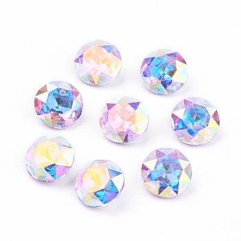 Pointed Back Glass Rhinestone Cabochons, Grade A, Faceted, AB Color Plated, Flat Round, Rose AB, 10x5mm