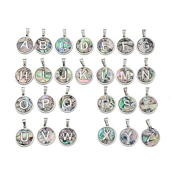 304 Stainless Steel with Paua Shell Pendants, Stainless Steel Color, Flat Round with Letter Charm, Letter A~Z, 18x16x1.5mm, Hole: 3x6mm