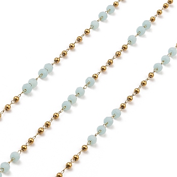 Rondelle Glass Beaded Link Chains, with Golden 304 Stainless Steel Paperclip Chains, Soldered, with Spool, Aqua, 3x2.5mm, 2mm, about 32.81 Feet(10m)/Roll