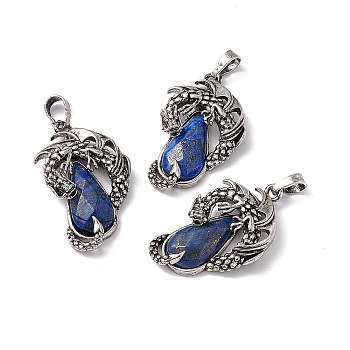 Natural Natural Lapis Lazuli Pendants, Faceted Teardrop Charms with Rack Plating Antique Silver Tone Brass Dragon, Cadmium Free & Lead Free, 39x23x8.5mm, Hole: 8x5mm