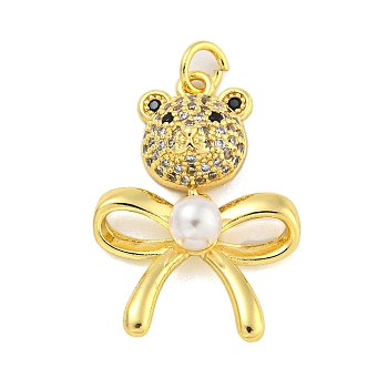 Brass Micro Pave Clear Cubic Zirconia Pendants,with ABS Pearl, Bear, Real 18K Gold Plated, 27x19x6mm, Hole: 3mm