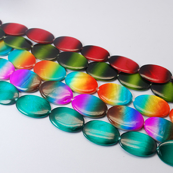 Natural Shell Beads Strands, Spray Painted Style, Oval, Mixed Color, 30x20x3.5mm, Hole: 1mm
