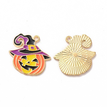 Halloween Alloy Enamel Pendants, Light Gold, Pumpkin with Hat Charm, Orange, 21x20.5x1mm, Hole: 1.5mm