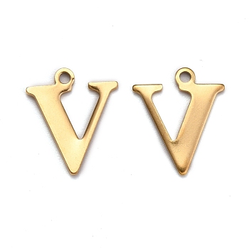 Ion Plating(IP) 304 Stainless Steel Alphabet Charms, Golden, Letter.V, 12x10x1mm, Hole: 1mm