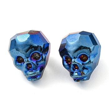 Electroplate Glass Bead, Metallic, Faceted, Skull, Dodger Blue, 16x13x14~14.5mm, Hole: 1.6mm