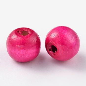 Natural Maple Wood Beads, Dyed, Round, Deep Pink, 12x10.5mm, Hole: 3mm, about 1800pcs/1000g
