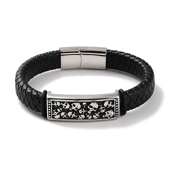 Men's Braided Black PU Leather Cord Bracelets, Rectangle with SkullS 304 Stainless Steel Link Bracelets with Magnetic Clasps, Antique Silver, 8-3/4 inch(22.3cm)