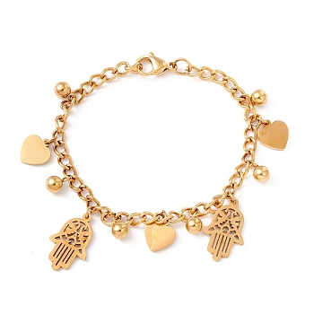 201 Stainless Steel Heart & Hamsa Hand Charm Bracelet with Curb Chain for Women, Golden, 8-1/8 inch(20.6cm)