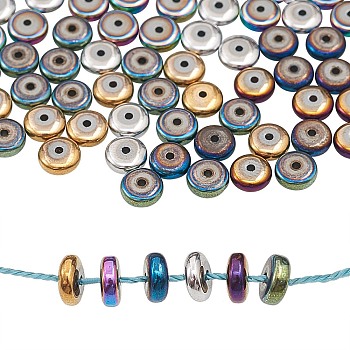 210Pcs 6 Colors Vacuum Plating Non-magnetic Synthetic Hematite Beads, Flat Round/Disc, Mixed Color, 6x2.5mm, Hole: 1mm, 35pcs/color
