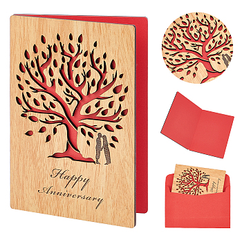 Rectangle with Pattern Wooden Greeting Cards, with Red Paper InsidePage, with Rectangle Blank Paper Envelopes, Tree Pattern, Wooden Greeting Card: 1pc, Envelopes: 1pc
