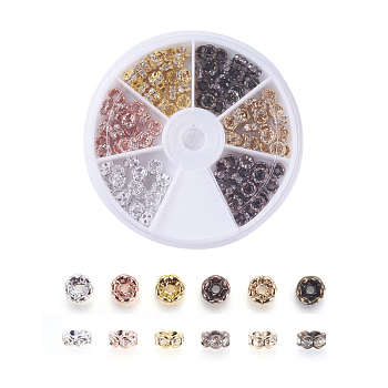 Brass Rhinestone Spacer Beads, Grade AAA, Wavy Edge, Nickel Free, Mixed Metal Color, Rondelle, Crystal, 6x3mm, Hole: 1mm, 20pcs/color, 6colors, 120pcs/box