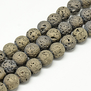 Electroplate Natural Lava Rock Beads Strands, Matte Style, Round, Light Gold Plated, 4~5mm, Hole: 0.5mm, about 88pcs/strand, 13.7~14.9 inch(G-T058-03H-4MM)