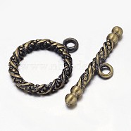 Carved Brushed Antique Bronze Brass Ring Toggle Clasps, Nickel Free, Ring: 20x16x2.5mm, Bar: 6x25x2.5mm,, Hole: 2mm(KK-L116-09AB-NF)