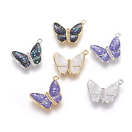 Brass Enamel Pendants, with Freshwater Shell and Micro Pave Cubic Zirconia, Butterfly, Mixed Color, 14x17x2mm, Hole: 1.4mm(KK-E763-07)