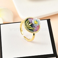 Brass Enamel Cuff Rings, with Natural Freshwater Pearl, Real 18K Gold Plated, Flat Round with Flower, Black, Inner Diameter: Adjustable(RJEW-K291-01G-01)