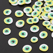 Handmade Polymer Clay Cabochons, Flat Round with Evil Eye, Yellow, 5~6x0.5~1mm, about 50000pcs/1000g(CLAY-N006-112-B01)