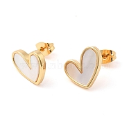 Natural Shell Heart Stud Earrings, Brass Earrings, Long-Lasting Plated, Lead Free & Cadmium Free, Real 18K Gold Plated, 13x11mm(EJEW-K251-09G)
