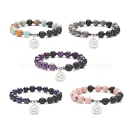 Natural & Synthetic Mixed Gemstone & Lava Rock Beaded Stretch Bracelet, 304 Stainless Steel Yoga Theme Adjustable Bracelet for Women, Inner Diameter: 2-1/4 inch(5.6cm)(BJEW-JB09320)