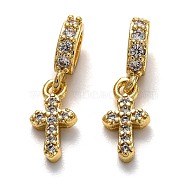 Brass Micro Pave Cubic Zirconia European Dangle Charms, Large Hole Pendants, Long-Lasting Plated, Cross, Real 18K Gold Plated, 20mm, Cross: 12x6x2mm, Hole: 5x3mm(ZIRC-H119-01G)