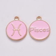 Alloy Enamel Pendants, Cadmium Free & Lead Free, Flat Round with Constellation, Light Gold, Pink, Pisces, 15x12x2mm, Hole: 1.5mm(ENAM-S124-01B-09H)