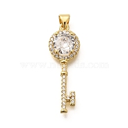 Rack Plating Brass Micro Pave Cubic Zirconia Pendants, Long-Lasting Plated, Lead Free & Cadmium Free, Key Charms, Real 18K Gold Plated, 34x11.5x5.5mm, Hole: 5x3mm(KK-L226-010G)