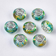 Resin European Beads, Large Hole Beads, with Silver Color Plated Brass Cores, Rondelle, Colorful, 14x8.5~9mm, Hole: 5mm(RPDL-S013-09I)