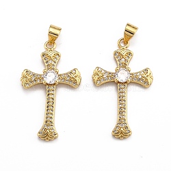 Brass Micro Pave Clear Cubic Zirconia Pendants, Long-Lasting Plated, Cross, Real 18K Gold Plated, 31x18x4mm, Hole: 3.5x4mm(ZIRC-J025-45G)