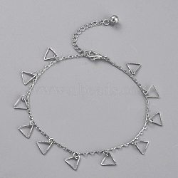 Brass Textured Triangle Charm Anklets, with Cable Chains and Bell Charms, Platinum, 8-5/8 inch(22cm)(AJEW-B005-23P)