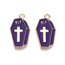 Halloween Theme Alloy Enamel Pendants, Cadmium Free & Lead Free, Light Gold, Coffin with Cross Charm, Indigo, 23.5x12.5x1.5mm, Hole: 1.8mm(PALLOY-N176-32-RS)