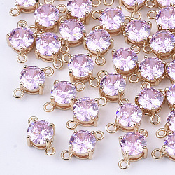Transparent Glass Links connectors, with Brass Findings, Faceted, Flat Round, Light Gold, Pearl Pink, 12x7.5x5mm, Hole: 1.2mm(X-GLAA-T007-12C)