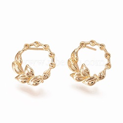 Brass Ear Stud Components, Real 18K Gold Plated, Olive Branch, 13.5x14.5mm, Pin: 0.9mm(KK-G359-10G)