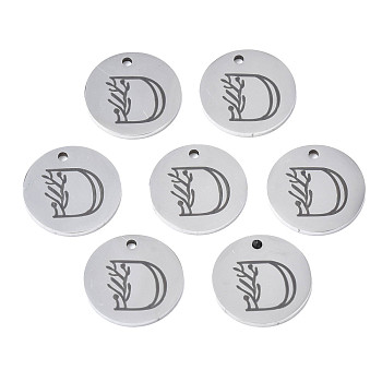 304 Stainless Steel Charms, Laser Cut, Designed Letter Engraved, Flat Round, Stainless Steel Color, Letter.D, 14x1mm, Hole: 1.2mm