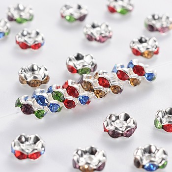Middle East Rhinestone Spacer Beads, Rondelle, Silver Color Plated, about 6mm in diameter, 3mm thick, hole: 1mm