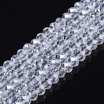 Electroplate Glass Beads Strands, Pearl Luster Plated, Faceted, Rondelle, Clear, 4x3mm, Hole: 0.4mm, about 113~115pcs/strand, 41~41.5cm